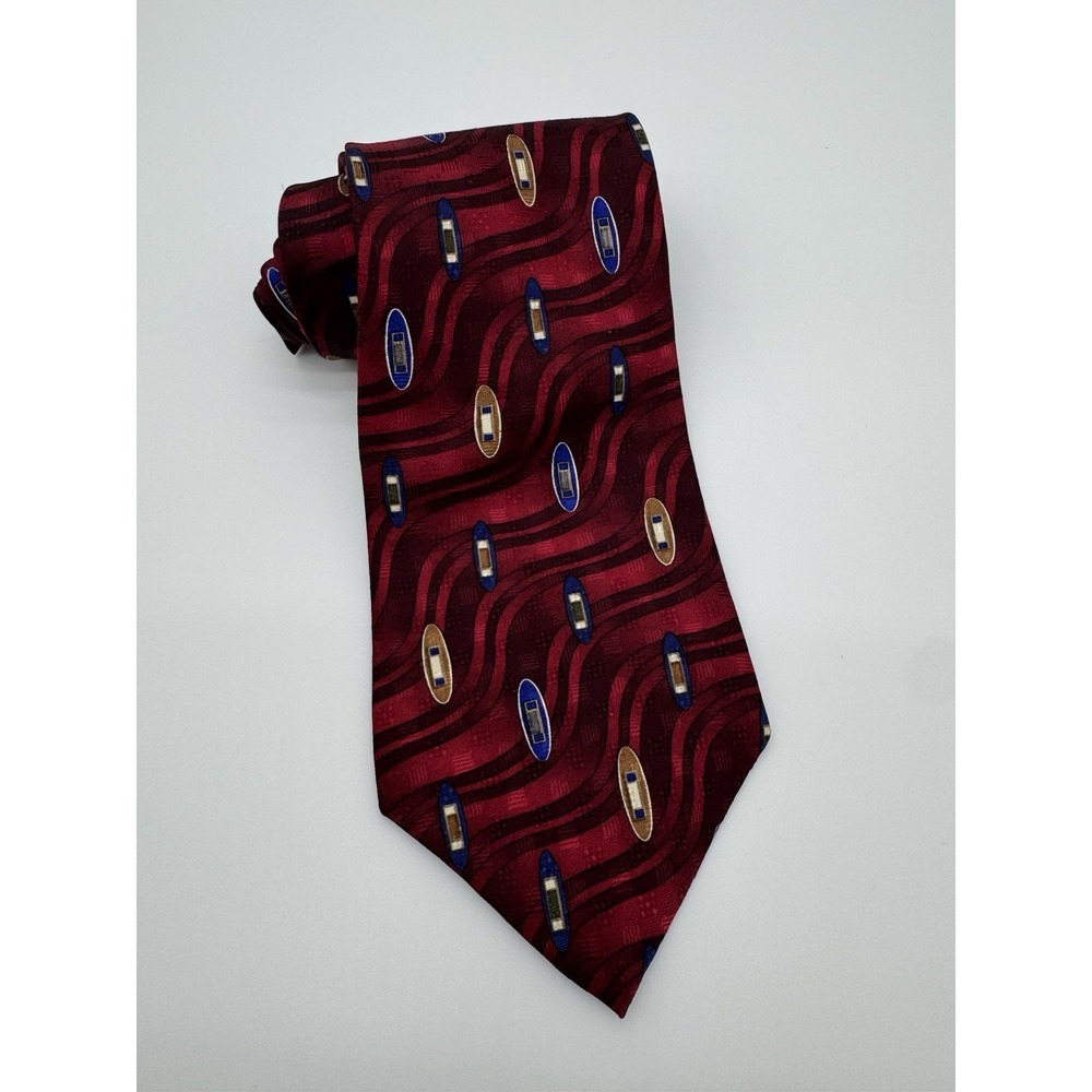 Stafford Silk Tie Red‎ Geometric Wavy Pattern Blue Gold Oval Classic Men's UEC